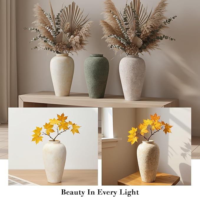 Ceramic Flower Vase Home Decor - 9.2 inch Large Farmhouse Table Vases, Rustic Decorative Vases for Kitchen Living Room Coffee Dining ShelfMantel Decoration