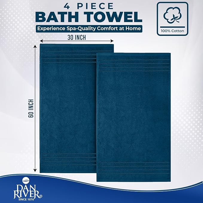 DAN RIVER Bath Towels Set of 4, 30 x 60 Inches, 100% Cotton, Larger & Lighter Weight, Quicker to Dry, Super Soft and Absorbent, Ideal Hotel Towels for Daily Use, Blue Opal