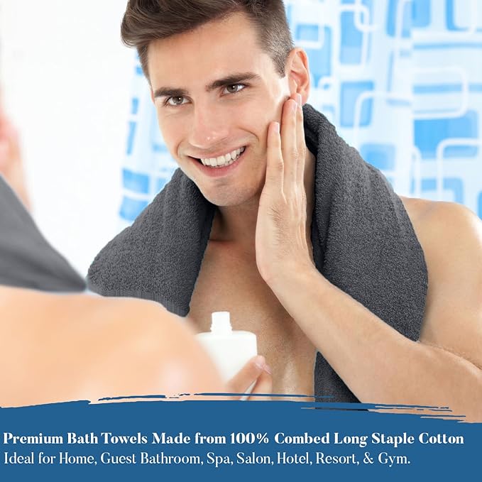 DAN RIVER Bath Towels Set of 4, 27 x 54 Inches, 100% Cotton, Larger & Lighter Weight, Quicker to Dry, Super Soft and Absorbent, Ideal Cotton Bath Towels for Daily Use, Dark Gray