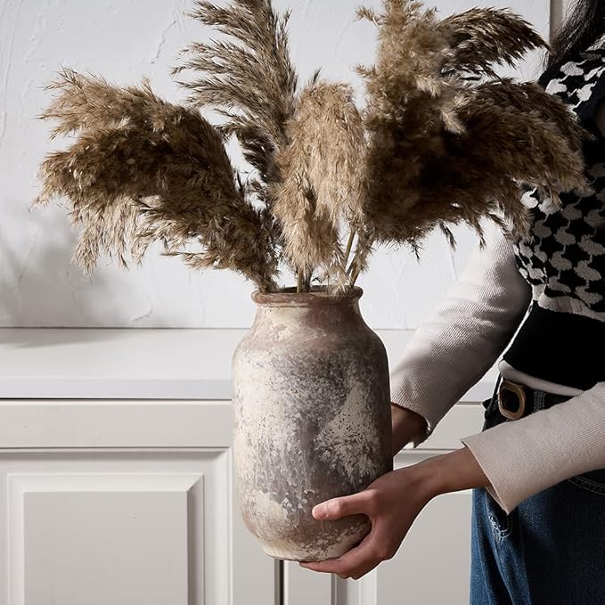 SIDUCAL Rustic Ceramic Farmhouse Flower Large Vase, Whitewashed Terra Cotta Vase, Pottery Decorative Flower for Home Decor, Table, Living Room Decoration, Shelf Decor, Mantel, 9.5 Inch, Terra