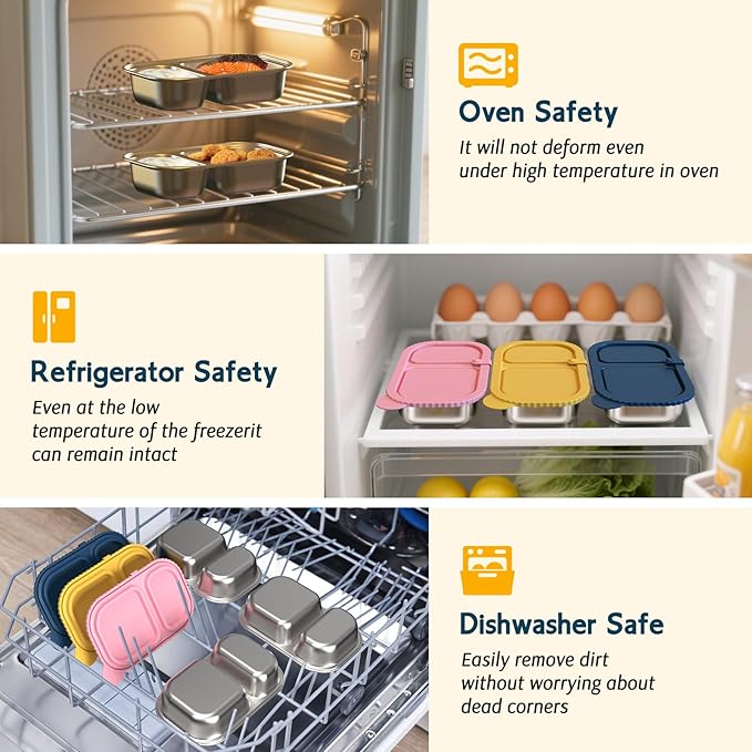 3 Pack Stainless Steel Snack Containers with Silicone Lids, Meal Prep Containers, Reusable 2 Compartment Food Storage Containers, Stainless Steel Box for Lunch, Office, Travel