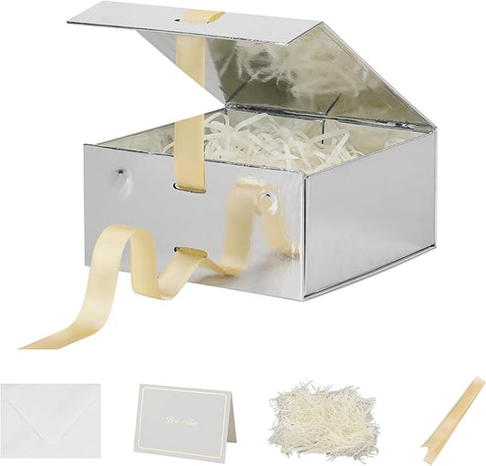 Small Gift Boxes with Lids 5 Pack 6X6X3 Inch Silver Gift Box with Ribbon Christmas Gift Box Foldable Gift Boxes for Presents、Graduation、Birthdays，Shredded Paper Filler & Cards