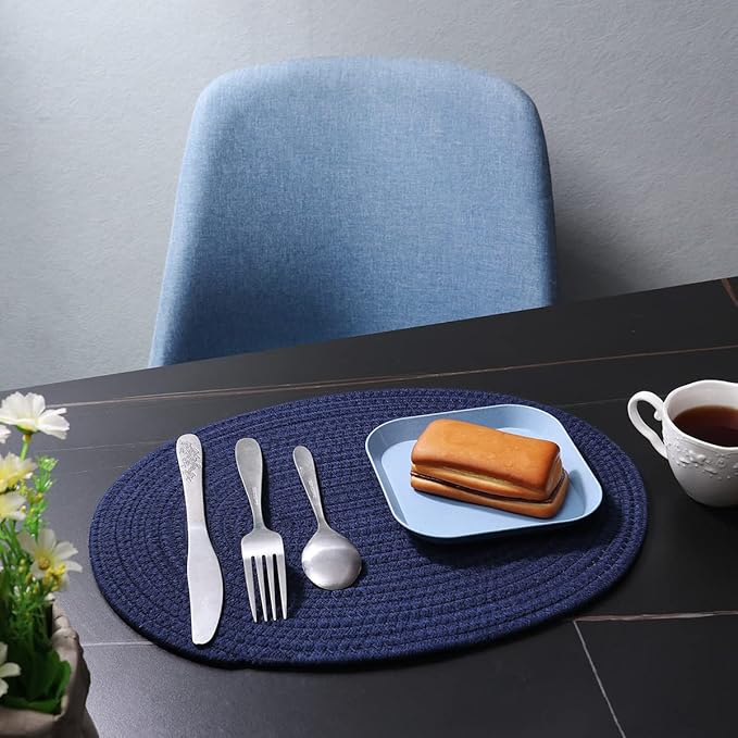 4 Pack Oval Woven Placemats, Blue Cotton Woven Plate Chargers with 4 Pack Round Coasters, Thick Heat Insulation Mats Household Table Mats Braided Bowl Mats Fabric Rustic Placemats for Dining