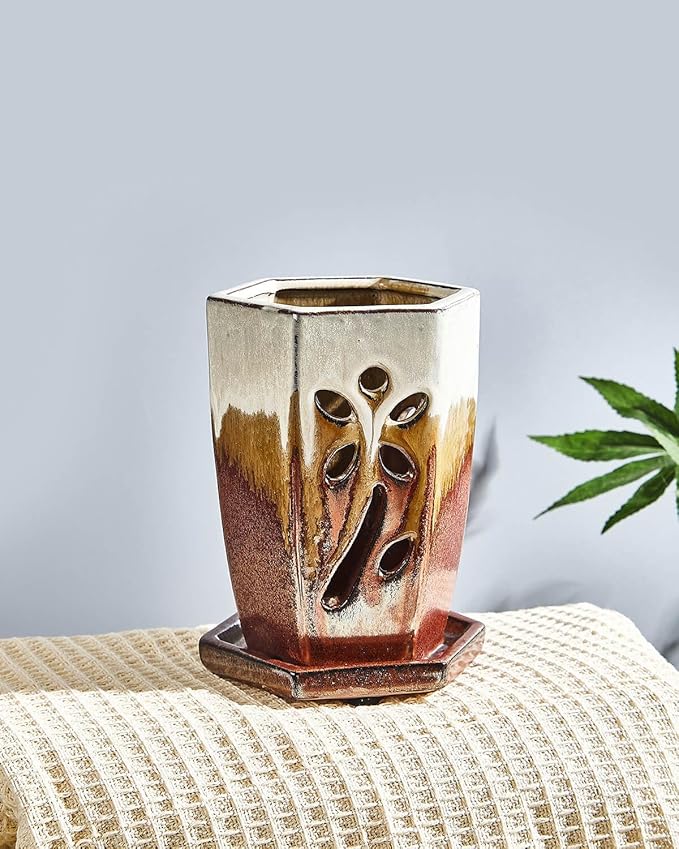 vensovo 4 Inch Ceramic Orchid Pots with Holes and Saucers - 1 Pcs Small Hexagon Succulent Pot for Repotting, Garden Flowerpots for Plants Indoor and Outdoor Promotes Air Circulation, (Brown Mixed)