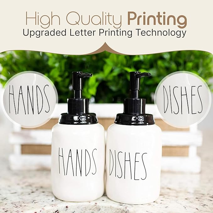 Modern Farmhouse Ceramic Dishes and Hands Soap Dispenser Set for Kitchen | Stainless Steel Pumps | 14oz, White Bottles | Kitchen Décor for Counter