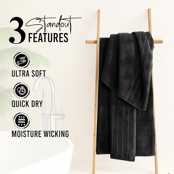 DAN RIVER Bath Towels Set of 4, 30 x 60 Inches, 100% Cotton, Larger & Lighter Weight, Quicker to Dry, Super Soft and Absorbent, Ideal Hotel Towels for Daily Use, Black