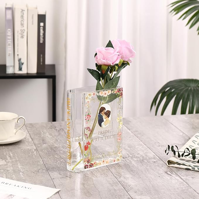 Book Vase for Flowers, Glass Book Shaped Vase, Clear Flower Vases, Large Glass Vases for Home, Office, Bedroom, Living Room, Dining Table, Bookshelf(Pride)