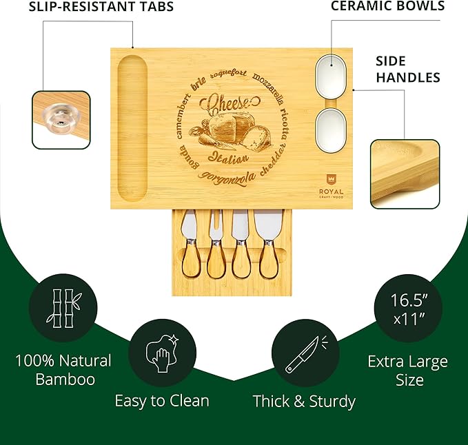 ROYAL CRAFT WOOD Bamboo Cheese Board and Knife Set with Charcuterie Board & Serving Tray with 4 Stainless Steel Knife & Thick Wooden Server with Bowls and Serveware Accessories
