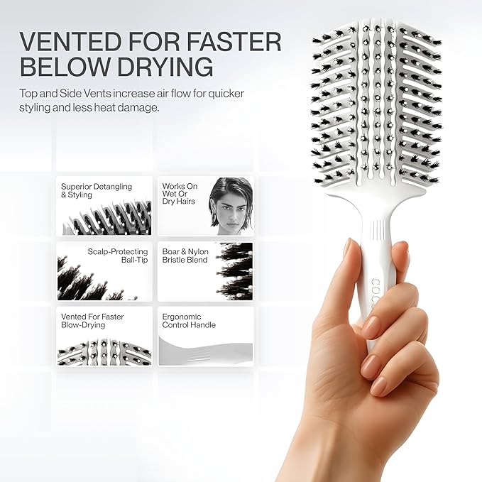 COCCO Aura Vent Boar Brush | Vented Dual-Curved Design for Faster Drying, Effortless Detangling & Shine, Boar + Nylon Bristles, Ergonomic Comfort Handle for Wet & Dry Hair Styling - White