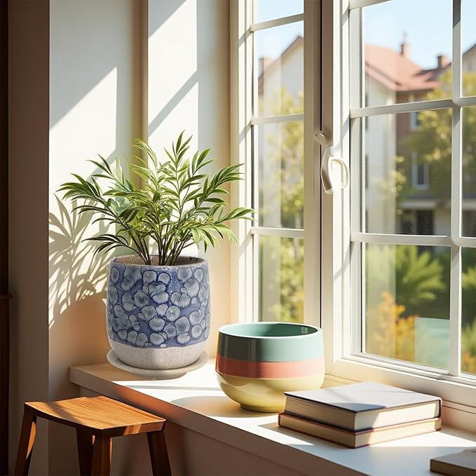 6 in Ceramic Plant Pot with Saucer，Indoor Plant Pot for Plants, Flower Pot with Drainage，Reactive Glaze Blue