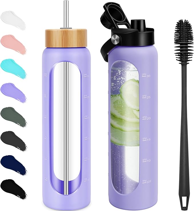 25 oz Glass Water Bottles - Motivational Tumbler With Time Marker - Borosilicate Glass With Silicone Sleeve and 2 Lids, Handle Spout & Bamboo Straw Lid (Purple)