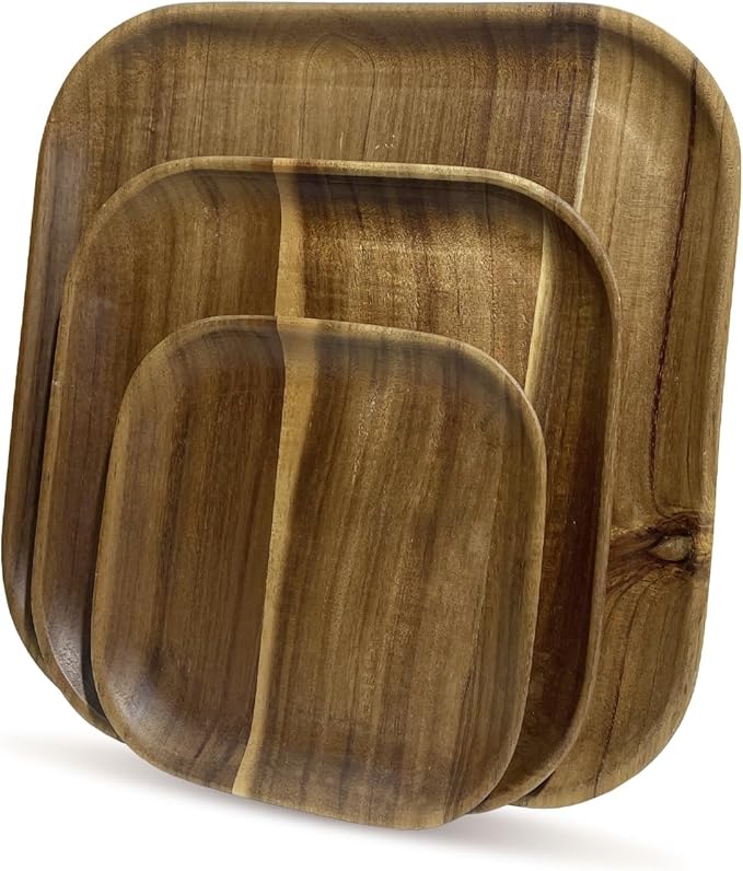 MinBoo Wooden Acacia Plates set of 3, 9-6Inch Wood Acacia Serving Trays, Farmhouse Kitchen Plates, Reusable Wooden Dishware for Dining, Appetizers, Snacks, Parties (square)