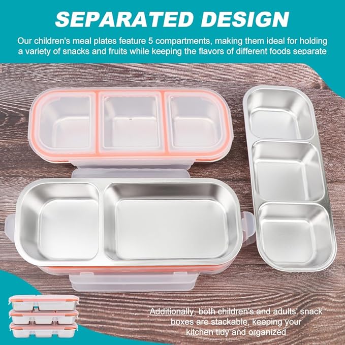 3 Pack Stainless Steel Snack Containers with Lids, 2/3 Compartment Reusable Snackle Box Container, Metal Food Storage Containers Lunch Box Bento Box for Work, Home, Travel