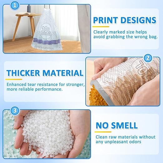 OKKEAI 2.6 Gallon Drawstring Trash Bags, White Small Bathroom Garbage Bags – 90 Count Tear-Free, Heavy Duty Printed Liners, Leak-Proof White Trash Bag for Kitchen, Office, Multipurpose Use