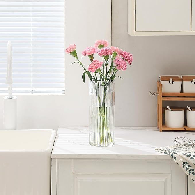 Clear Glass Vase, Glass Flower Vase, Ribbed Glass Vase, Clear Vase, Tall Cylinder Glass Vases for Centerpieces, Living Room, Dining Table, Office, Wedding, Bookshelf Decoration, 9.8 Inches