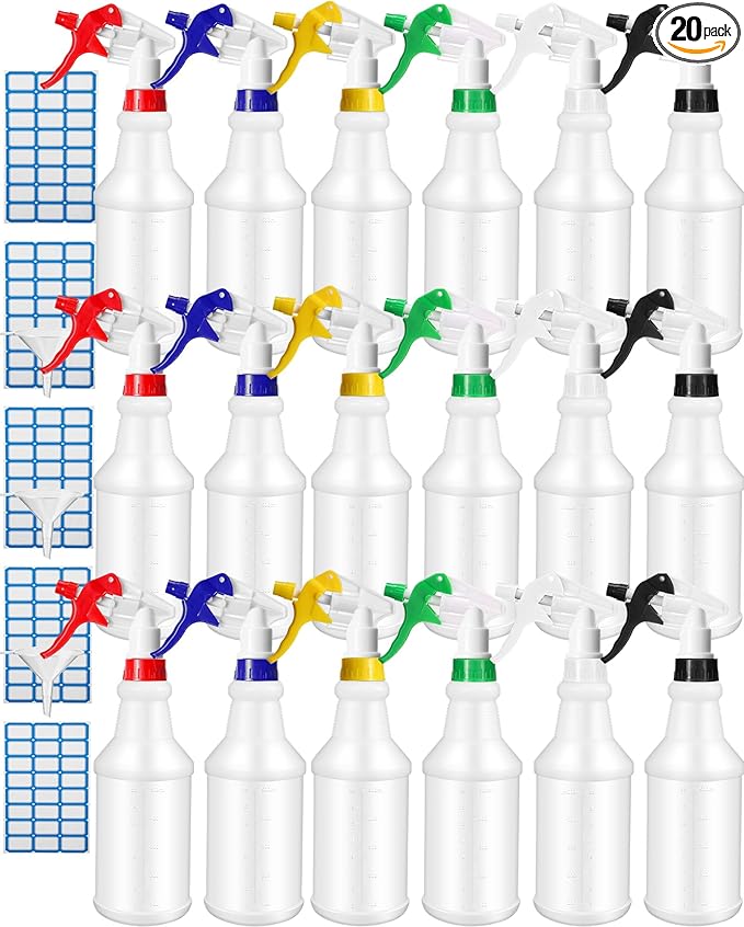 Eccliy 20 Pack 16oz Empty Spray Bottles, Leakproof Cleaning Bottles with Measurement and Adjustable Nozzle for Housekeeping, Commercial Use(Cylinder,3 Colors Spray Head)