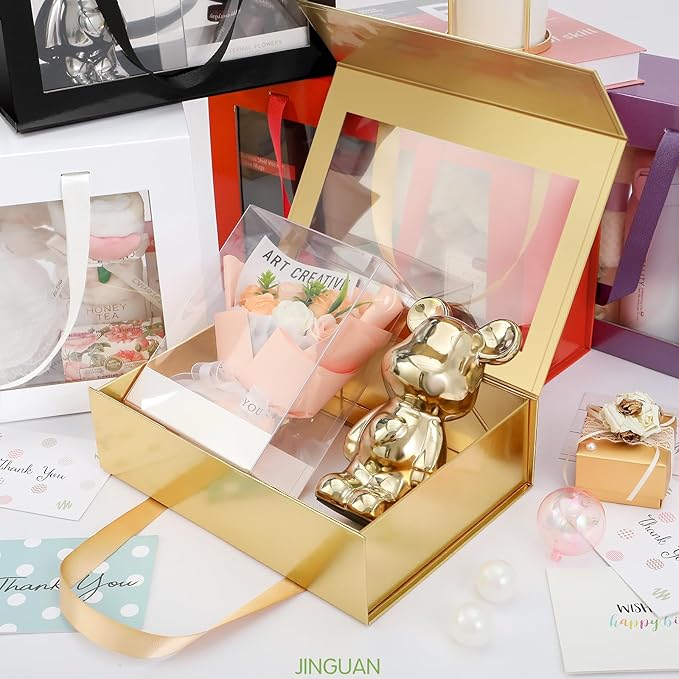 Gold Gift Box with Window, Gift Box with Lid and Handle, Clear Magnetic Gift Box for Present, Bridesmaid Proposal Box (10.5x7.5x3 Inches