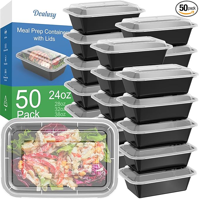 50 Pack (100-Piece) 24 oz Meal Prep Containers Reusable with Lids, Sturdy Leakproof & Food Safe, Microwave, Freezer, Dishwasher Safe Prep Containers, To Go Take Out Plastic Food Storage