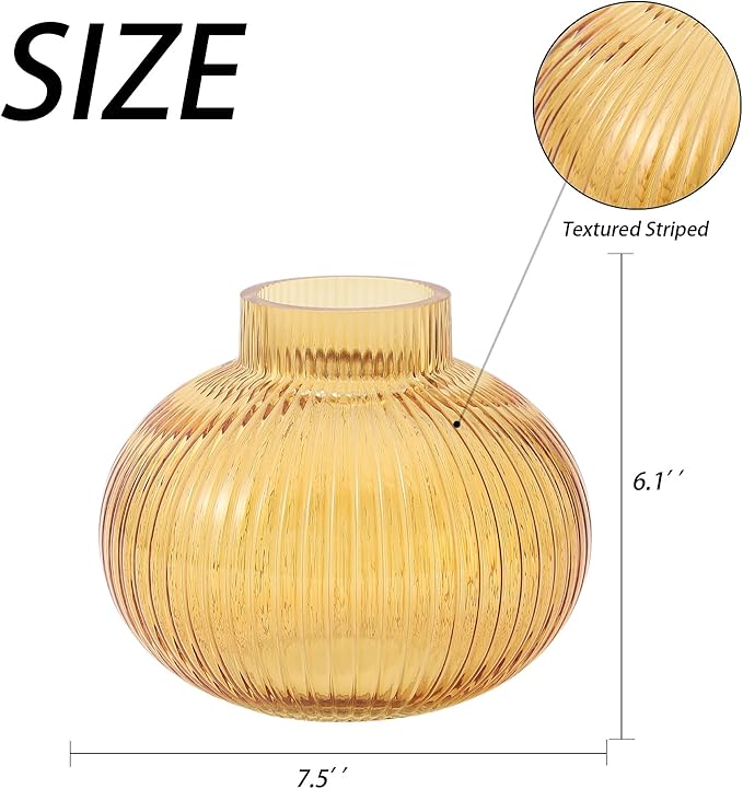 Amber Glass Vase for Tulips, Ribbed Glass Vase for Flowers, Round Flower Vases, Small Short Vases for Living Room, Office, Coffee Table, Shelf, Wedding, 6 Inches