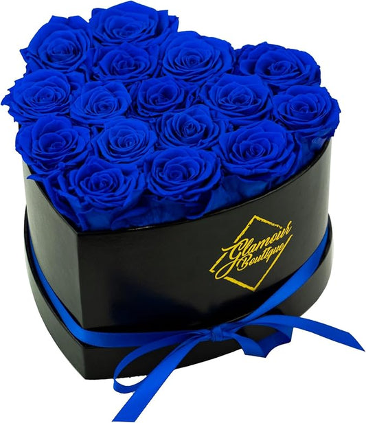 GLAMOUR BOUTIQUE 16 Flower Forever Heart Shape Box - Preserved Roses Gift for Her, Preserved Flowers, Blue