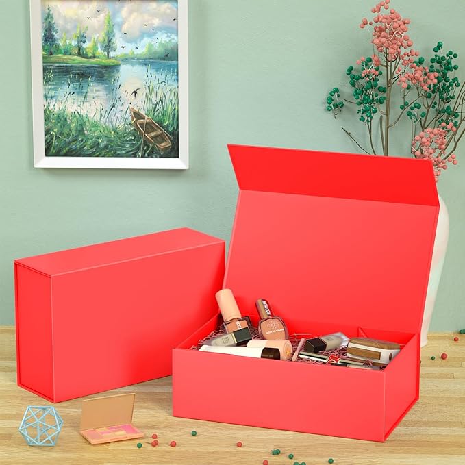 Red Gift Box, 12x6x4'' Gift box for Presents with Lids Magnetic Closure Rectangle Collapsible for Bridesmaid Proposal Box, Wedding, Christmas, Halloween, Birthday Gift Packging