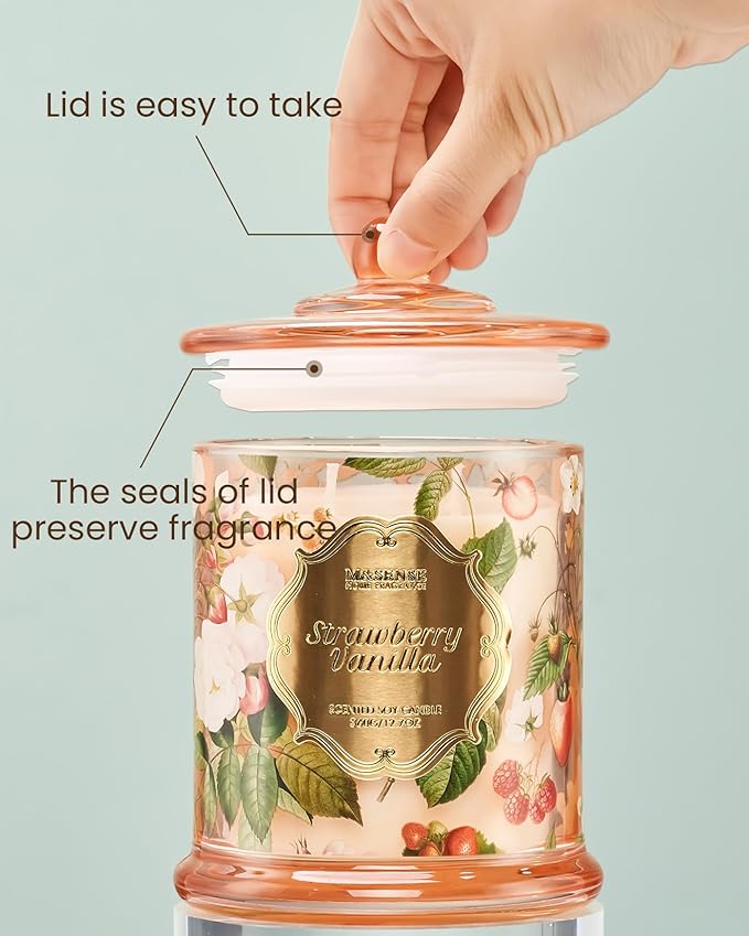 M&SENSE Strawberry Vanilla Scented Candle, Natural Soy Candle 12.7oz 75 Hour Long Lasting Slow Burning, Fall Winter Relaxing Aromatherapy Thanksgiving Christmas Housewarming Gift Gift for Women