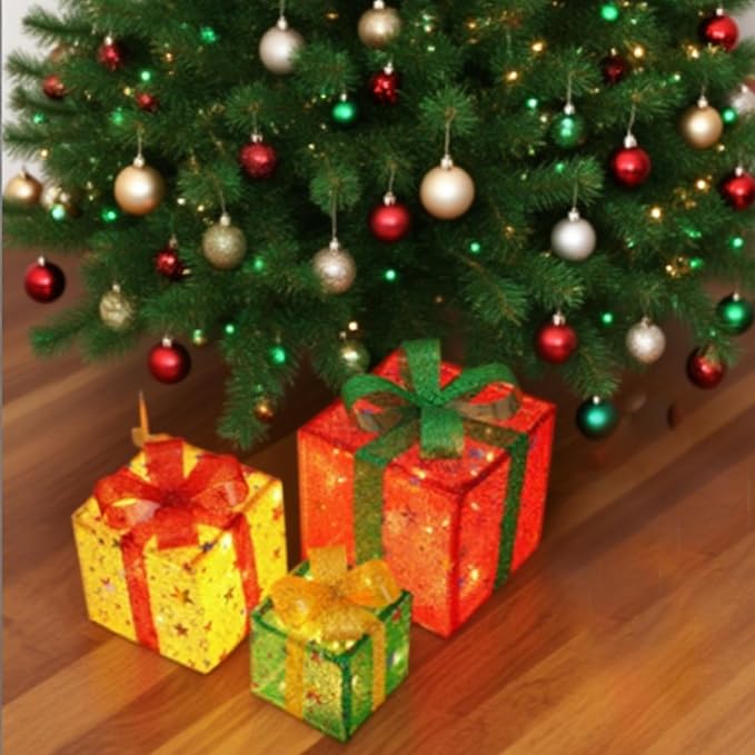 Christmas Lighted Gifting Boxes 3PCS/Set LED Warm White Christmas Decorations Colorful Box Battery Operated for Holiday, Indoor, Yard, Home, Lawn Decor, Decor