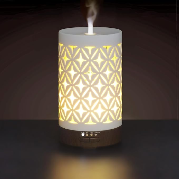 Earnest Living Essential Oil Diffuser for Home White Ceramic 100ml Aromatherapy Diffuser with 4 Timers 7 Night Lights and Auto Off Function (no Beep!) for Essential Oils Version 2