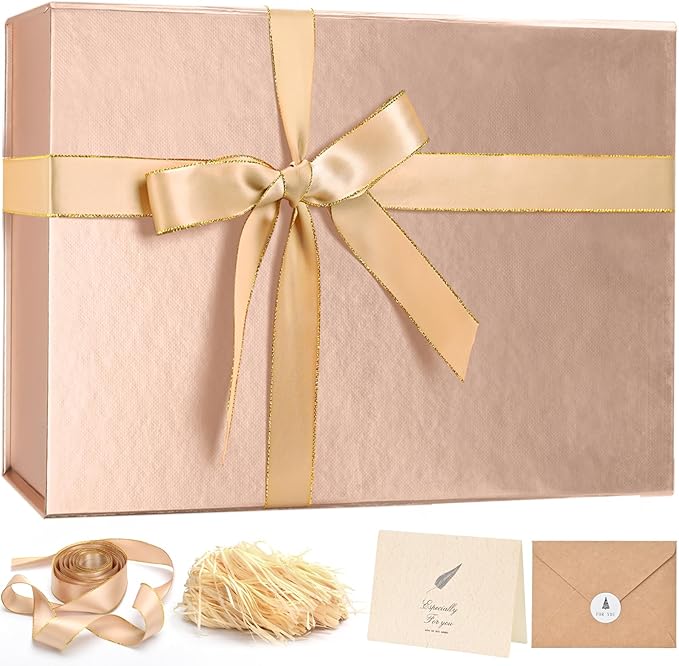 LIFELUM Rose Gold Gift Box 14"x8.5"x4.5" Decorative Gift Boxes for Presents for Anniversary, Wedding, Proposal, Birthday Gifts with Lid, Ribbon, Shredded Filler Card