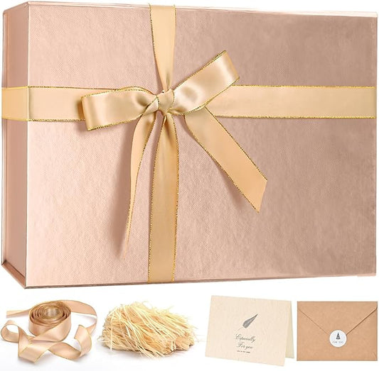 LIFELUM Rose Gold Gift Box 14"x8.5"x4.5" Decorative Gift Boxes for Presents for Anniversary, Wedding, Proposal, Birthday Gifts with Lid, Ribbon, Shredded Filler Card