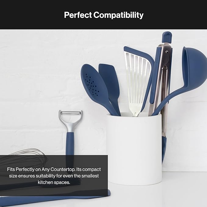 Misen Cream Concrete Utensil Holder - Kitchen Tool Organizer, Large Utensil Container for Countertop, Stainless Steel Holder - Compatible Prep Tool Sets 5 and 10 Piece - 6.25in x 5.5in