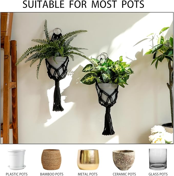 Artilady 2 Pack Black Macrame Plant Hanger Indoor - Large Hanging Planters for Wall Plants Holder Short Hademade Boho Farmhouse Rustic Home Decor
