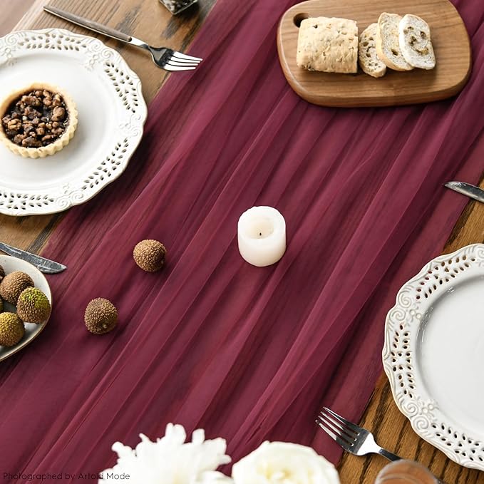 Artoid Mode 6PCS Burgundy Gauze Table Runner 120 Inch 10FT, Seasonal Sheer Kitchen Dining Holiday Wedding Birthday Baby Shower Table Decor for Home Party