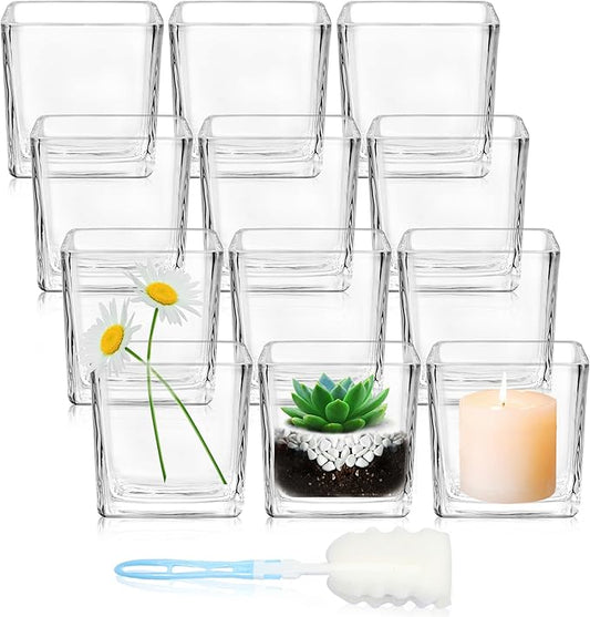 12 Pack Square Glass Vases, 3” x 3” Clear Cube Glass Flower Vases, Mini Square Glass Vases Candle Holders with Sponge Brush for Centerpieces