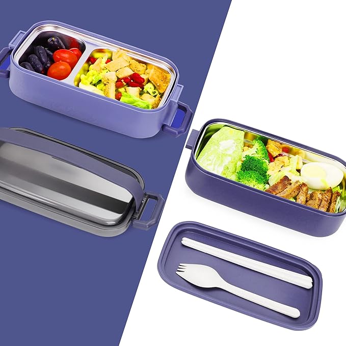 Stainless Steel Bento Box for Adults&Kids,Japanese Leakproof Lunch Box Divided Food Meal Storage Containers Set Stackable 2 Layer for Children School Picnic Blue