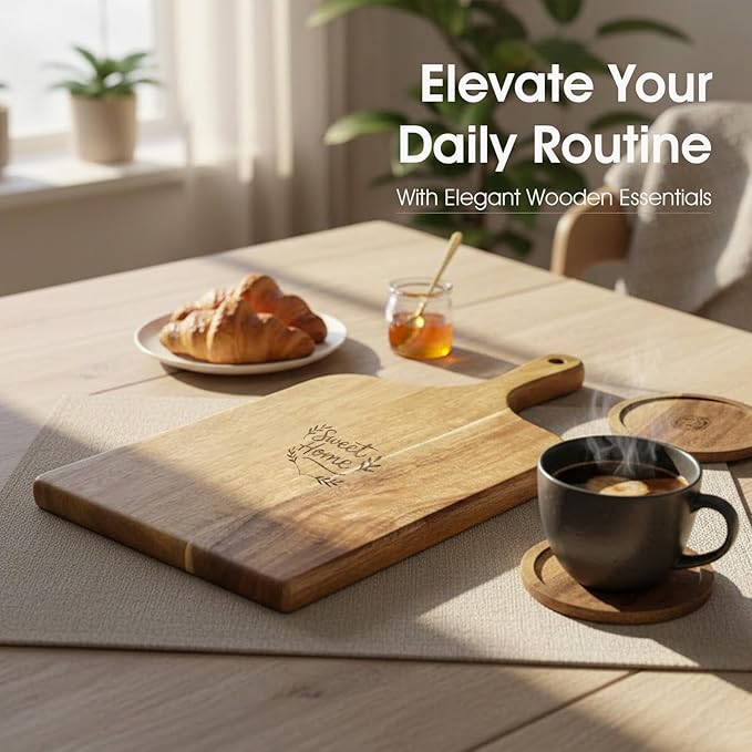 Charcuterie Boards & Cheese Knife Gift Set,Acacia Wood Serving Tray with 8-Piece Accessories (4 Cheese Knives + 2 Coasters + 2 Placemats) - Ideal for Couples Housewarming, Weddings, New Home & Holiday