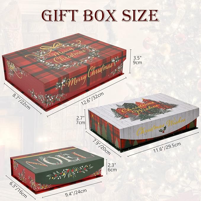 Christmas Gift Boxes with Lids for Presents Pack of 3 Gift Boxes Bulk Red White and Green in Assorted Designs Wrapping Robe Boxes Large Xmas Gift Boxes for Christmas Birthdays Wedding Wrap Gifts