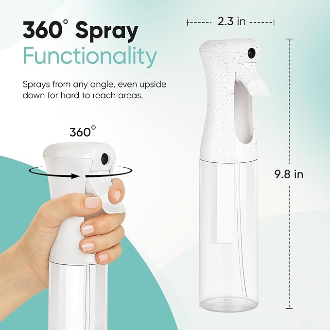 Aquableu Spray Bottle for Hair – Continuous Mist Spray Bottle for Hair Care, Styling, Cleaning, Plants, Pets & Essential Oils (Pack of 2 - Clear, 10oz)