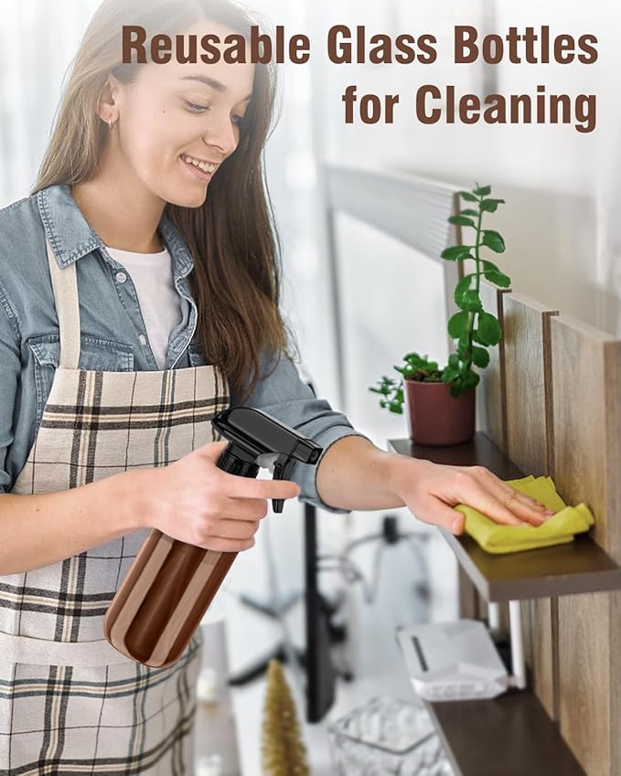 Glass Spray Bottle, Amber Glass Spray Bottle Set & Accessories Refillable for Plants Window Cleaners Aromatherapy Facial Hydration Watering Flowers Hair Care (2 Pack/8 oz) (Amber)