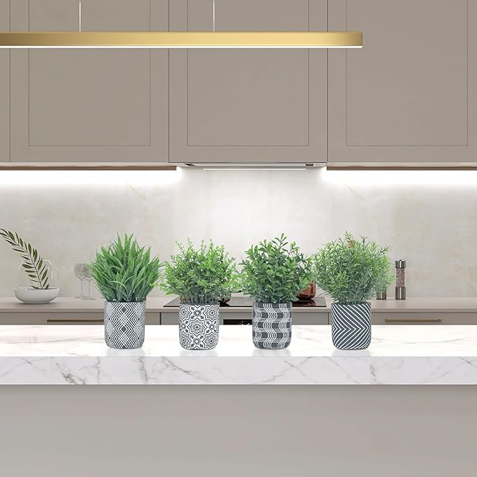 4 Pack Small Fake Plants, Fake Grass Plant, Artificial Boxwood & Rosemary, Lavender with Geometric Pattern Cement Pots, Small Potted Faux Greenery for Home Decor, Office, Indoor&Outdoor Decor