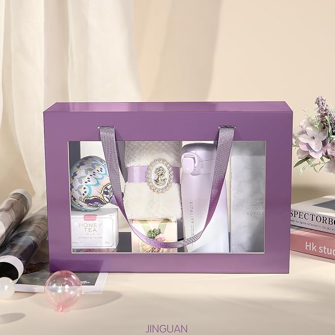 Large Purple Clear Gift Box, 13.5x9x4.1 Inches Gift Box with Window by Handle, Bridesmaid Proposal Box, Collapsible Gift Box with Magnetic Closure (Glossy Purple, 1 Pack)