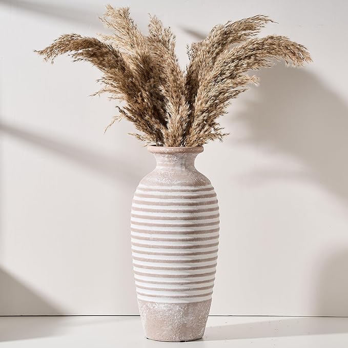 Ceramic Rustic Vase, 14.4 Inch Large Vintage Flower | Threaded Decorative Farmhouse Tall Vase for Home Decor, Living Room, Shelf Decor, Wedding Housewarming Gift, Khaki