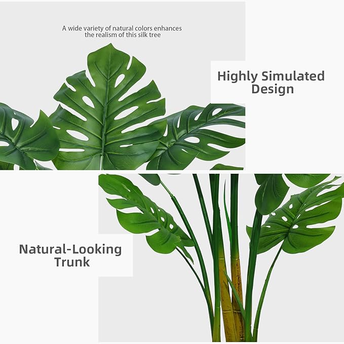 Artificial Monstera Deliciosa Plant 5FT - Faux Tropical Palm Tree with White Tall Planter - Fake Swiss Cheese Floor Plant Potted - Artificial Tree for Home Office Living Room Decor Indoor