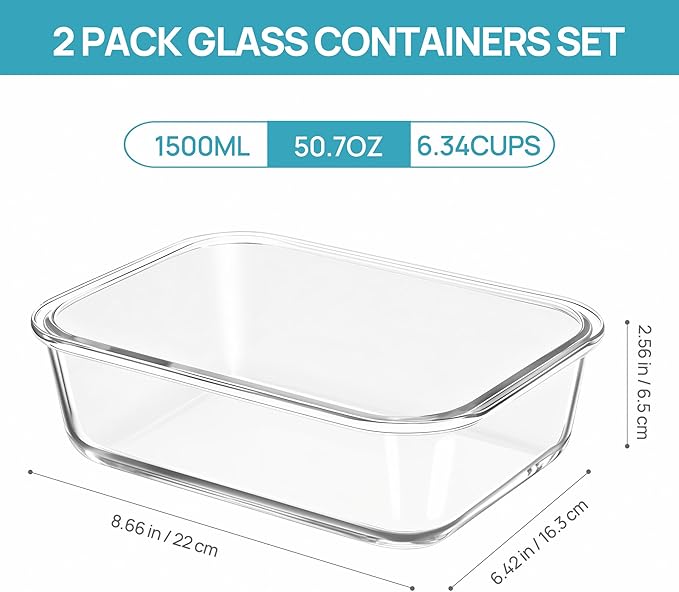 Vtopmart 2Pack 1500ml/50.7oz Large Glass Storage Containers with Lids, Meal Prep Food Container Set with Snap Airtight Lid for Baking, Microwave, Oven, Leak Proof, for Freezer, Dishwasher, Grey