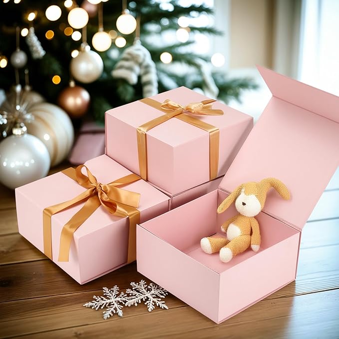4 Pack 8x8x4 Inches Gift Boxes with Magnetic Closure Lids, Pink Magnetic Box for Wedding, Groomsmen Bridesmaid Proposal, Birthdays, Mother's Day