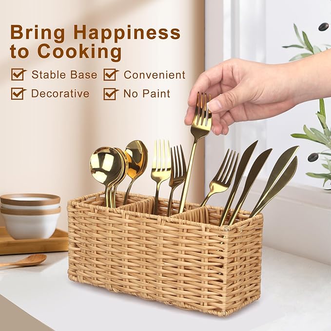 Ayiaren Wicker Flatware Silverware Caddy Cutlery Holder Kitchen Silverware Organizer Storage for Countertop Small Utensil Holders Party Table Spoon Knives Fork Holder Flatware Utensils Caddy Basket