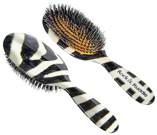 Rock & Ruddle Natural Mixed Boar Bristle Hair Brush for Women and Kids (Large, 21cm) - Perfect for Wet or Dry Hair, Detangling Smoothing Blowdrying - Designed & Made in UK - Zebra Print Design, Large