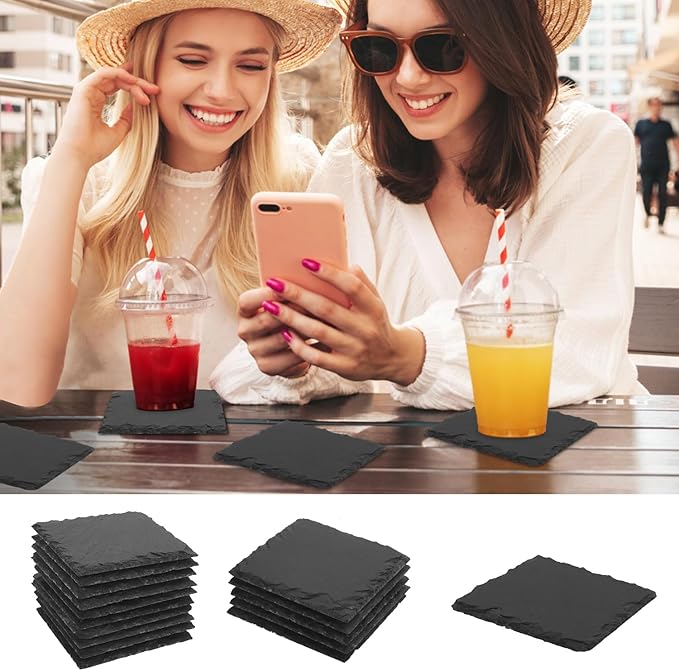 50 Pack 4 Inch Slate Coasters,Coasters for Drinks, Black Stone Coaster with Anti-Scratch Bottom, Ideal for Home Decor, Bar, Housewarming Gifts, and Laser Engraving KUKLIPJIM
