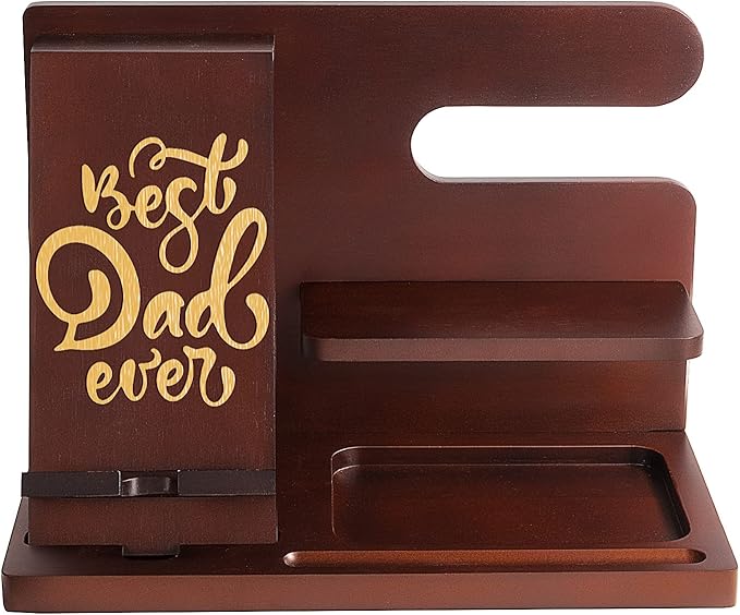 Personalized Wood Phone Docking Station For Dad-Best Dad Ever-Key Holder Wallet Stand Watch Organizer Dad Gifts Birthday Nightstand Fathers Day Christmas Travel Idea Gadgets To Dad From Daughter Son