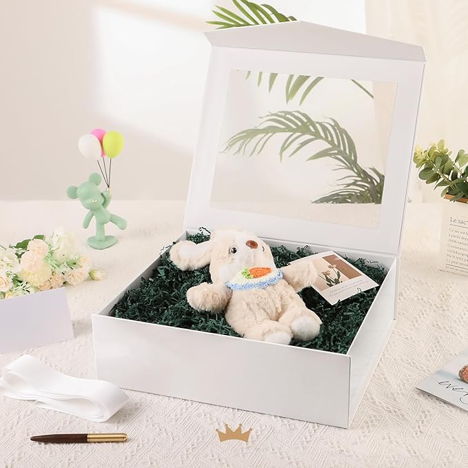 PACKQUEEN Extra Large White Gift Box with Window, 16.3x14.2x5 Inches Clear Gift Box for Present Contains Ribbon, Card, Bridesmaid Proposal Box with Lid (Glossy White)